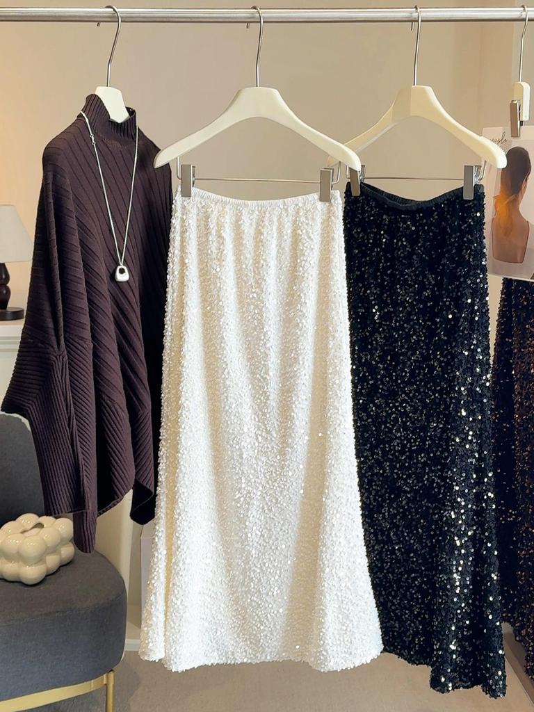 Autumn/Winter Shiny Sequin Velvet A-line Fishtail Skirt - High Waist, Hip-Hugging, Mid-Length