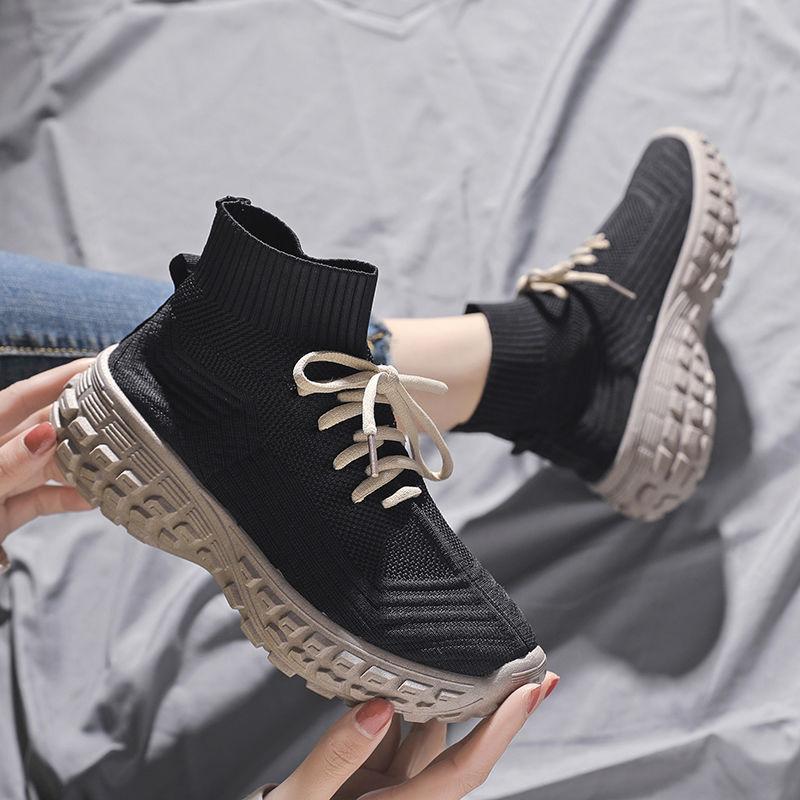 Lace Up Women's High On Platform Shoes Spring Autumn High Top Ankle Boots Aesthetic Fashion 2025 Knitted Casual Ladies Footwear