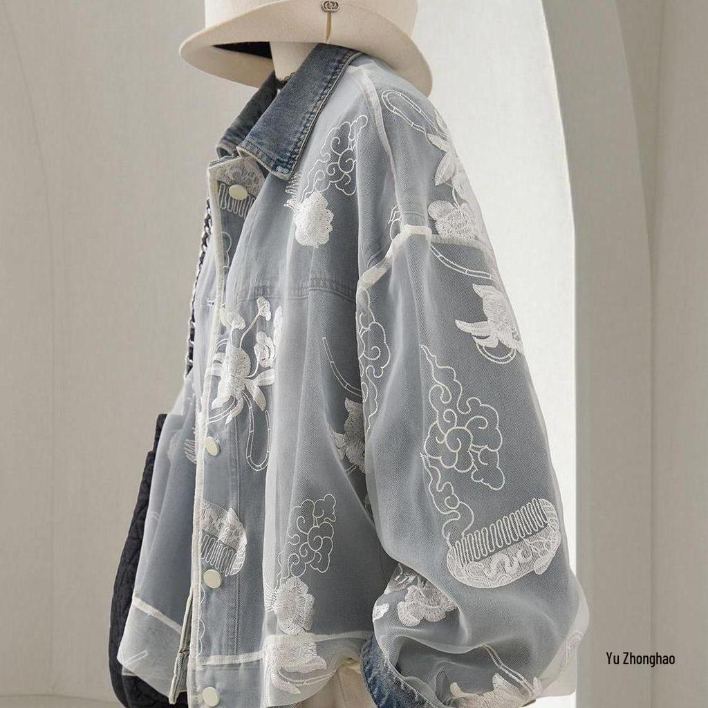Women's Chinese Style Lace Patchwork Denim Jacket - Spring/Autumn 2026 Fashion, Age-Reducing Short Design
