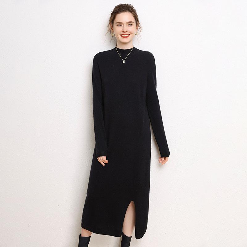 2025 Autumn/Winter Women's Slim Fit High Neck Cashmere Knit Long Sleeve Dress