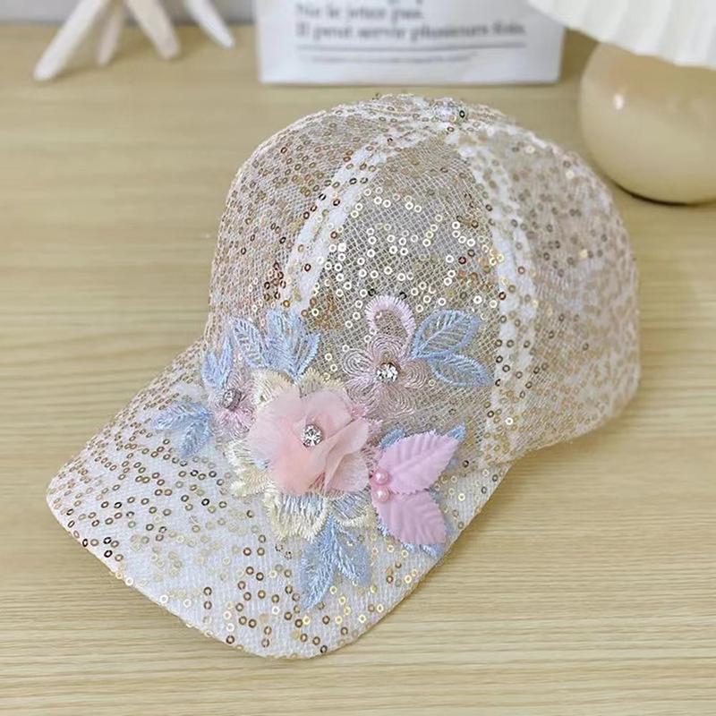Elegant Lace-Trimmed Breathable Baseball Cap With Flower Embroidcery & Faux Pearls - Adjustable & Chic For Every Woman