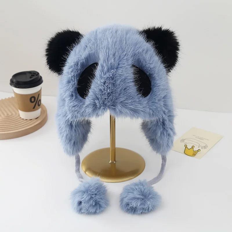 Winter female panda plush hat cute cartoon ear cap fluffy warm windproof cover