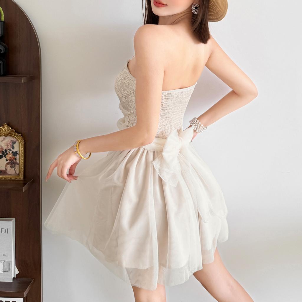2026 European and American summer new niche irregular diversity mesh splicing waist thin dress women
