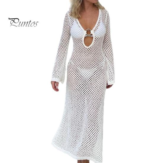 

Сексуальная накидка на бикини с v-образным вырезом и уплотнительным кольцом, купальник с длинными рукавами, платье с прозрачным полым дизайном, пляжное платье, купальник, пляжное накидка S белый