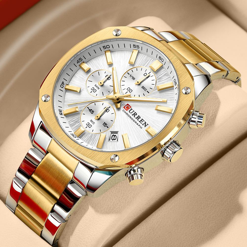 CURREN 8490 Top Brand Chronograph Watch for Men Stainless Steel Band Quartz Clock with Luminous Pointers Wristwatch Hands