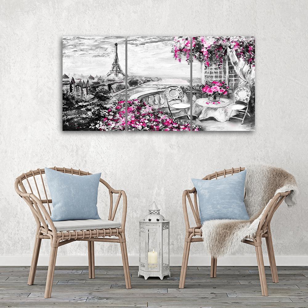 Three Piece Picture Canvas Print Paris Eiffel Tower Purple Pastel