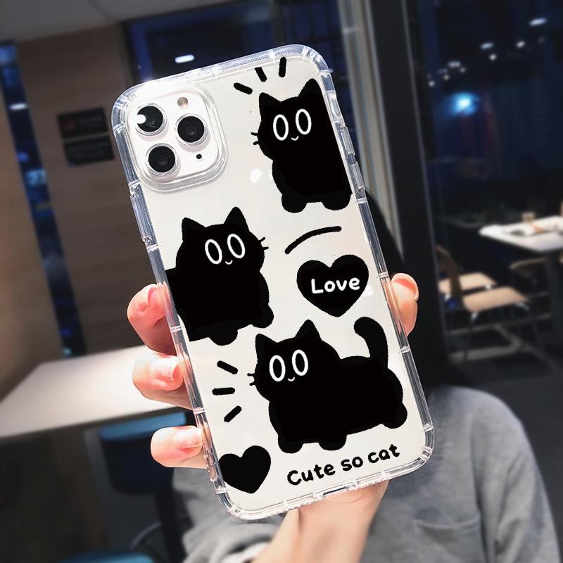 Hot Cartoon Coffee Black Cat Phone Case For iPhone 14 15 16 Pro Max 13 11 12 Mini X XR 7 8Plus Shockproof Clear Soft Cover Shell