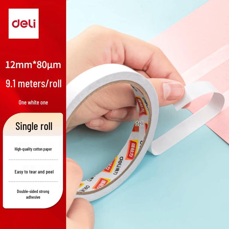 Deli High-Viscosity Cotton Paper Double-Sided Tape, 12mm x 9.1m (13 Rolls)
