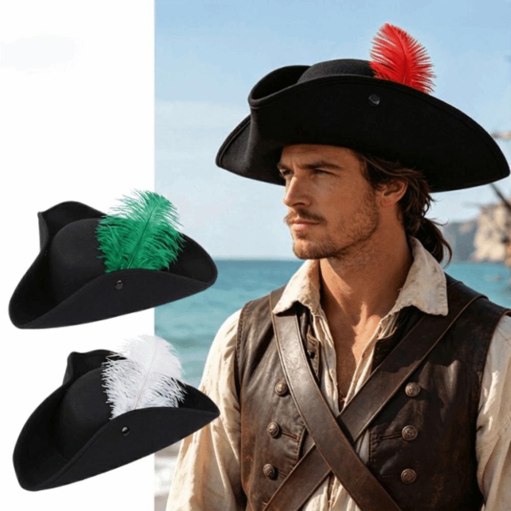 Classic Retro Tricorn Hat Wide Brim Pirate Headwear Pirate Feathers Hat Halloween Party