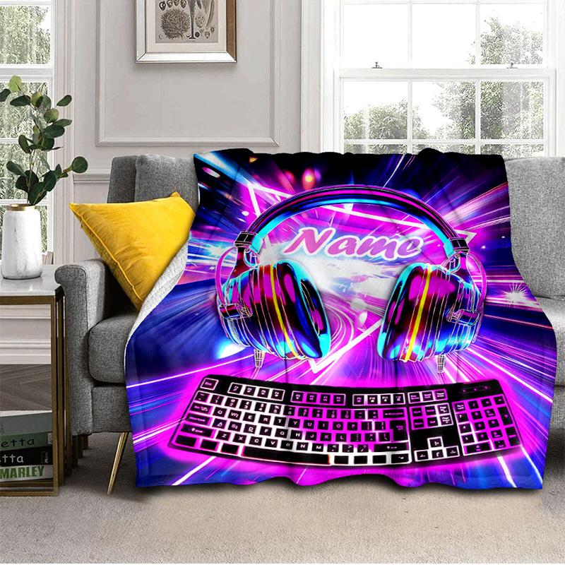 1PC Custom Name Neon Lights Music Flannel Blanket Versatile, All-season Throw Suitable for the Living Room, Bedroom, Camping, Travel, and Gift