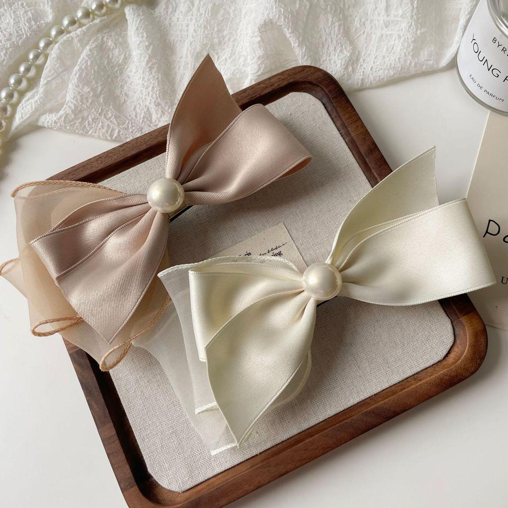 Korean Black Satin Bow Duckbill Clip with Pearls - Elegant Small-Style Hairpin for Side Bangs
