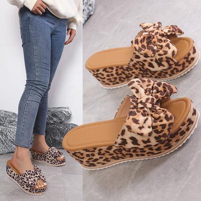 European and American Foreign Trade Bow Thick-soled Slippers Women's Cross-border Leopard Print Cloth One-character Slope Heel Cool Slippers