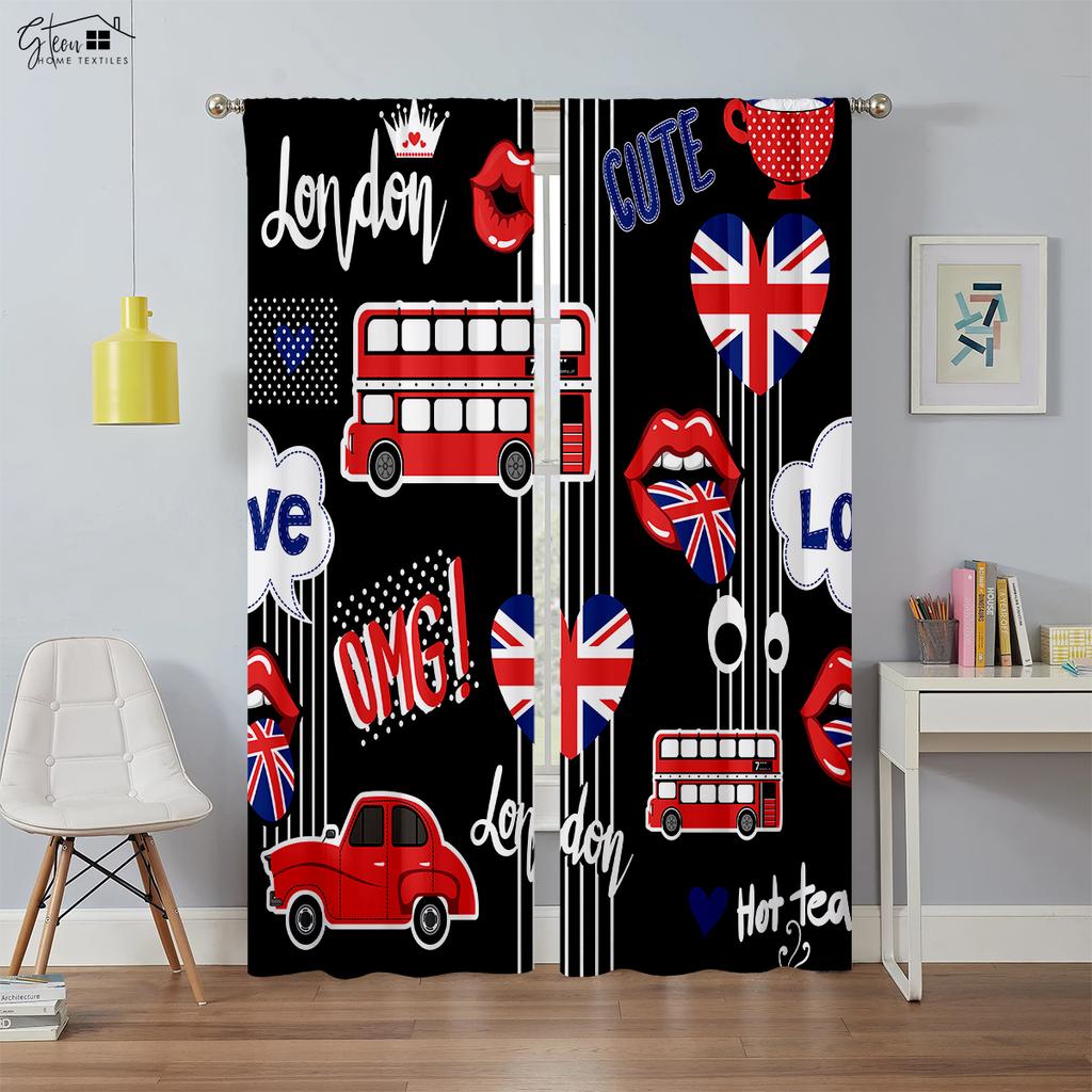 Black And White City Building 3D Printing Curtain Street View Building Red Bus Telephone Booth Simple Modern Decorative Curtain