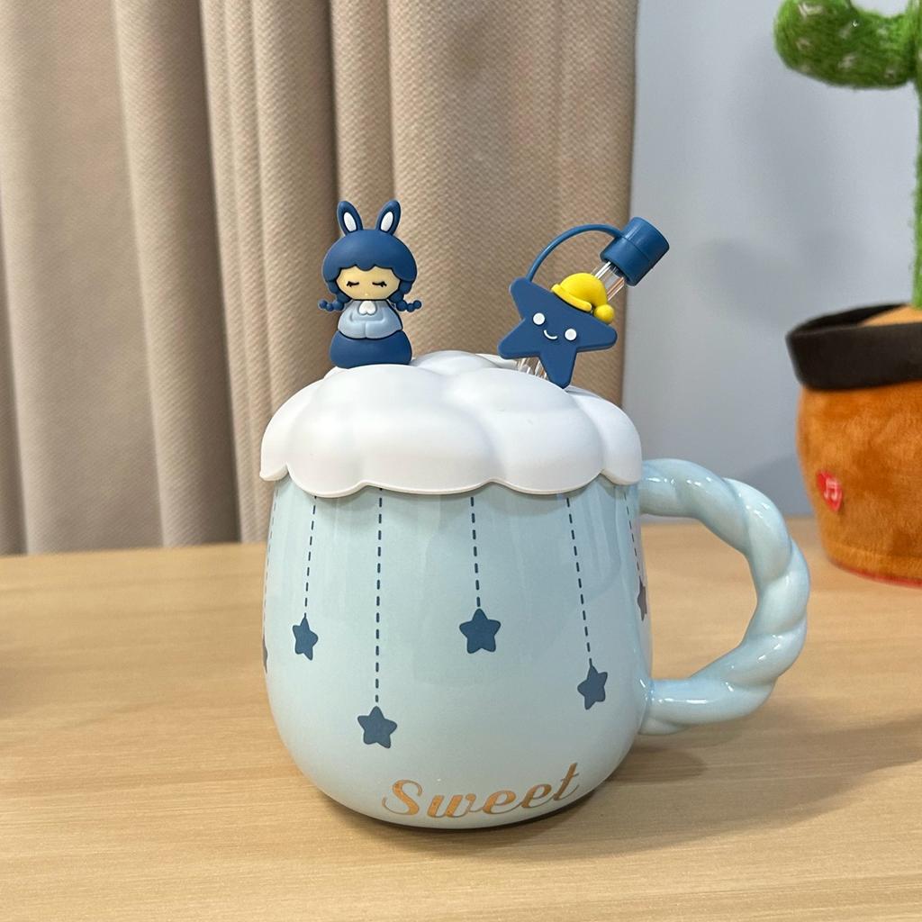 Blaues Mädchen Keramiktasse Große Kapazität mit Deckel Löffel Große Bauch Tasse Trinkwasserbecher Geburtstagsgeschenk für Mädchen Praktisch