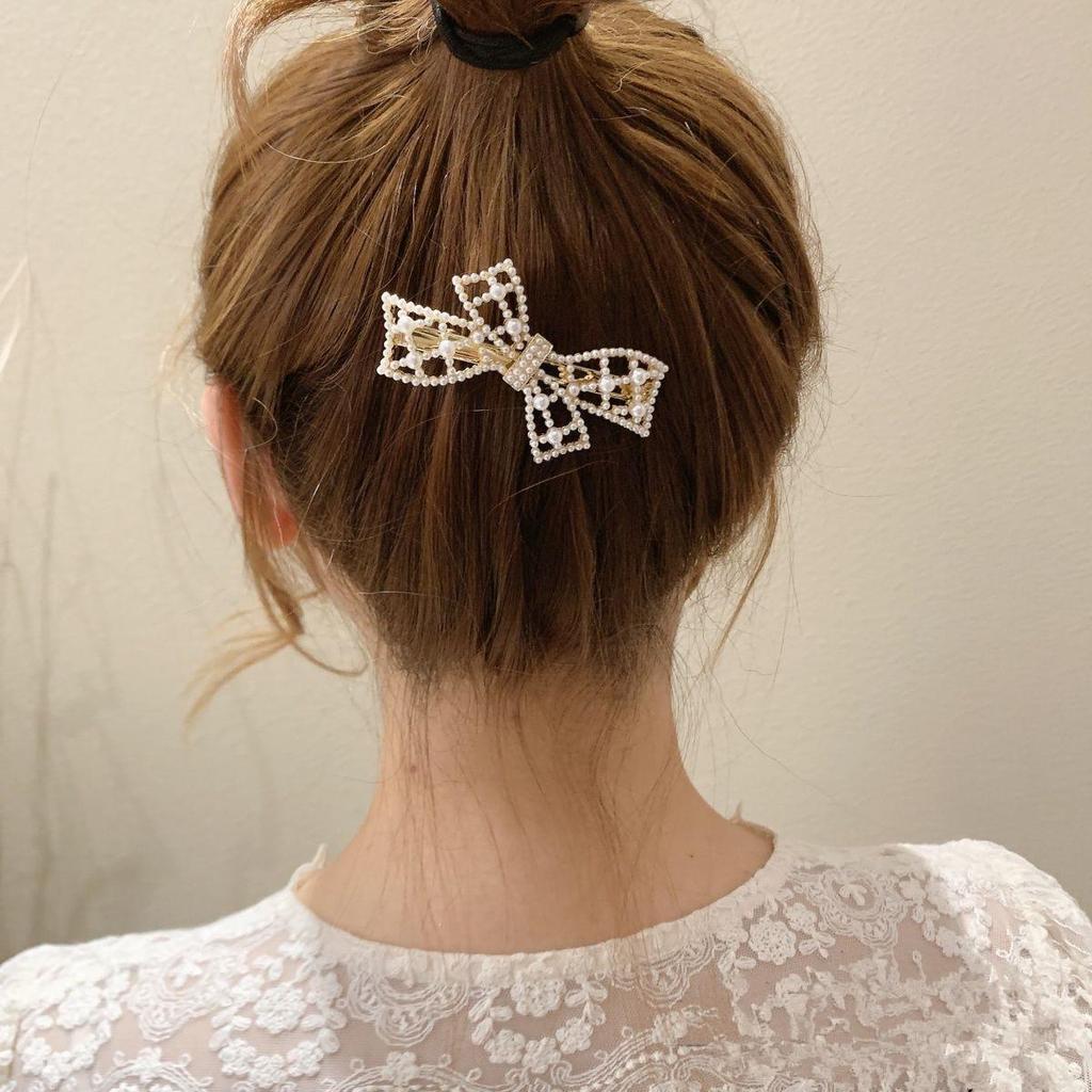 2024 Trendy Korean-French Retro Bow Pearl Hairpin for Women - Elegant Back of Head Accessory