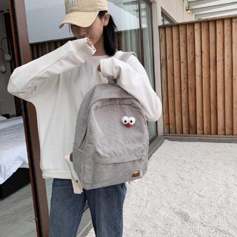 Schoolbagins Wind Corduroy Backpack Cute Eyes Cartoon School Bag Japanese Vintage Middle School Student Casual Backpack