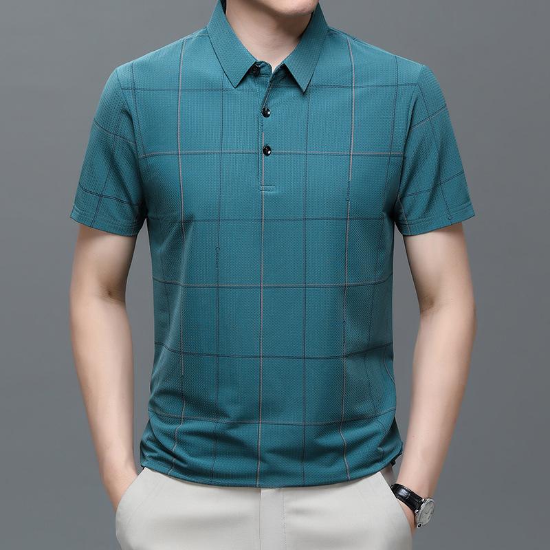 Printed Breathable Short-Sleeved T-Shirt Medium Blue Lapel Men'S Polo Shirt