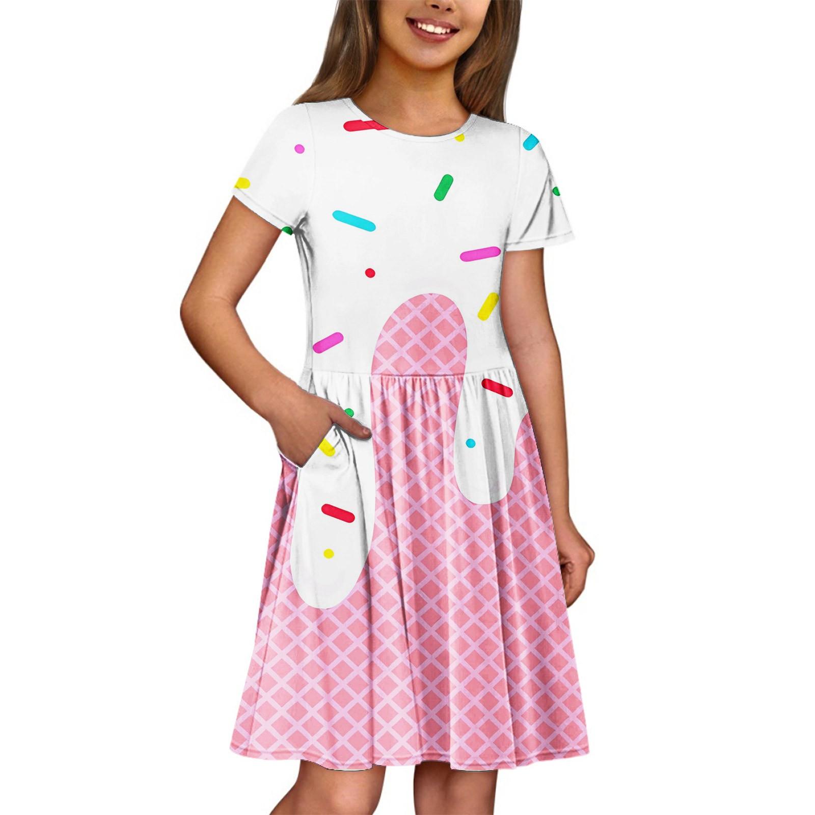 

Летнее платье для девочек, однотонное платье без рукавов с принтом и карманом, повседневное платье, вечернее платье с короткими рукавами 140 розовый