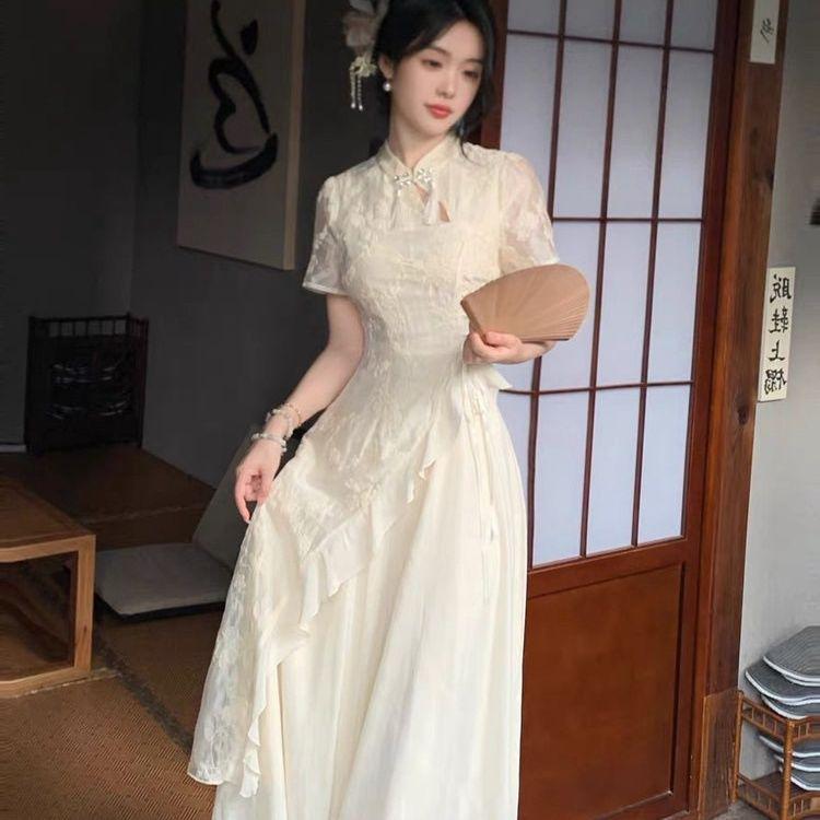 Women's Summer Cheongsam Dress with Tassel Embroidery – Youthful Chinese Style with Irregular Waist-Cinching Long Skirt