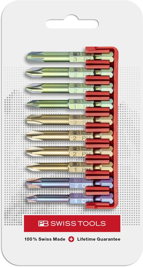 PB Swiss Tools Phillips Pozidriv Combination Bit Block PB CN Swiss Made Bit Set with Long E6 Precision Bits Pozi/Slotted E6.712 100% 10-Piece