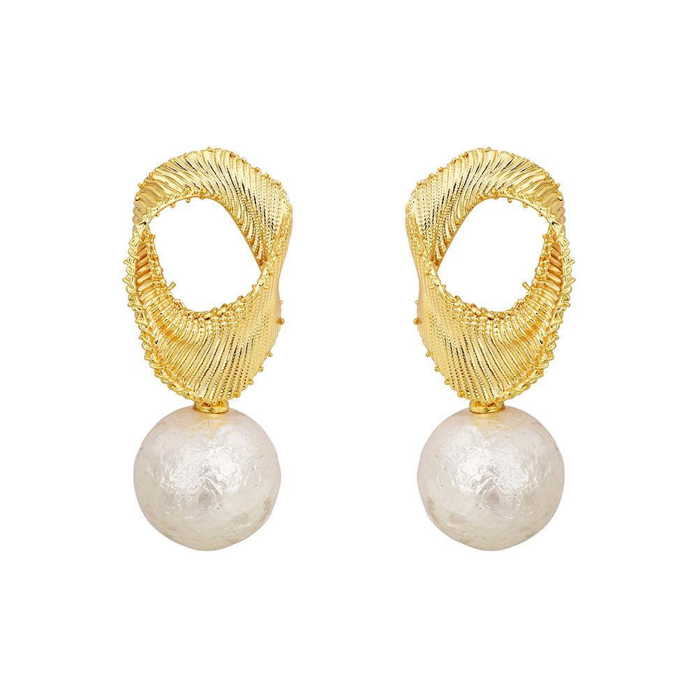 2026 Vintage French Ribbon Stripe Pearl Earrings - Elegant Gold Plated Textured Cotton Pearl Drop Earrings for Women High-End Jewelry