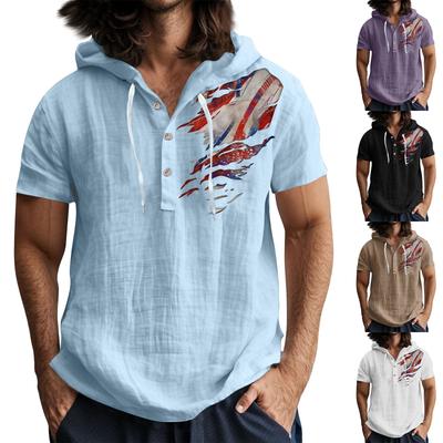 Men'S Casual Short Sleeved Hooded Top Buttoned Open Neck T-Shirt