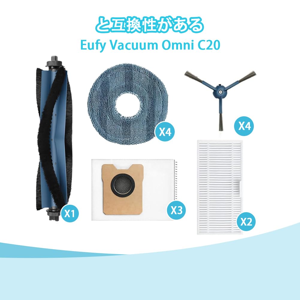 Compatible Anker Eufy C20 Consumables for the Robot Vacuum Omni C20: 1 Main Brush, 4 Cloths, 2 Filters, 4 Side Brushes, and 3 Dust Bags