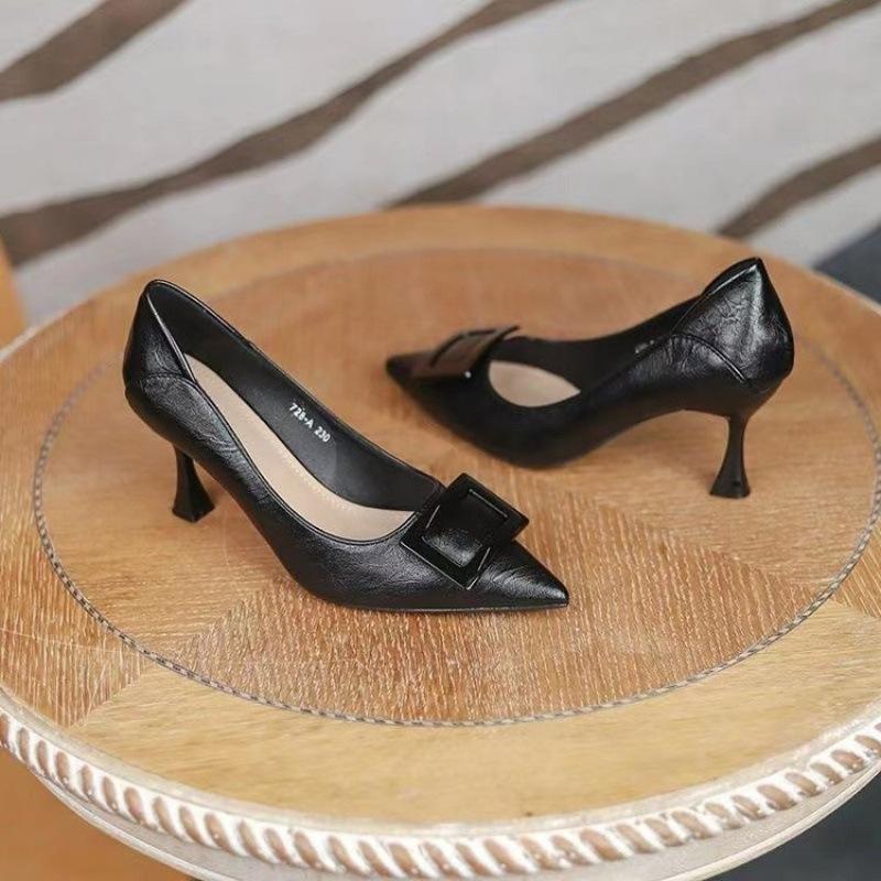 Soft leather temperament high heels women's thin heels 2025 spring and autumn new French single shoes women's shoes shallow mouth pointed middle heel