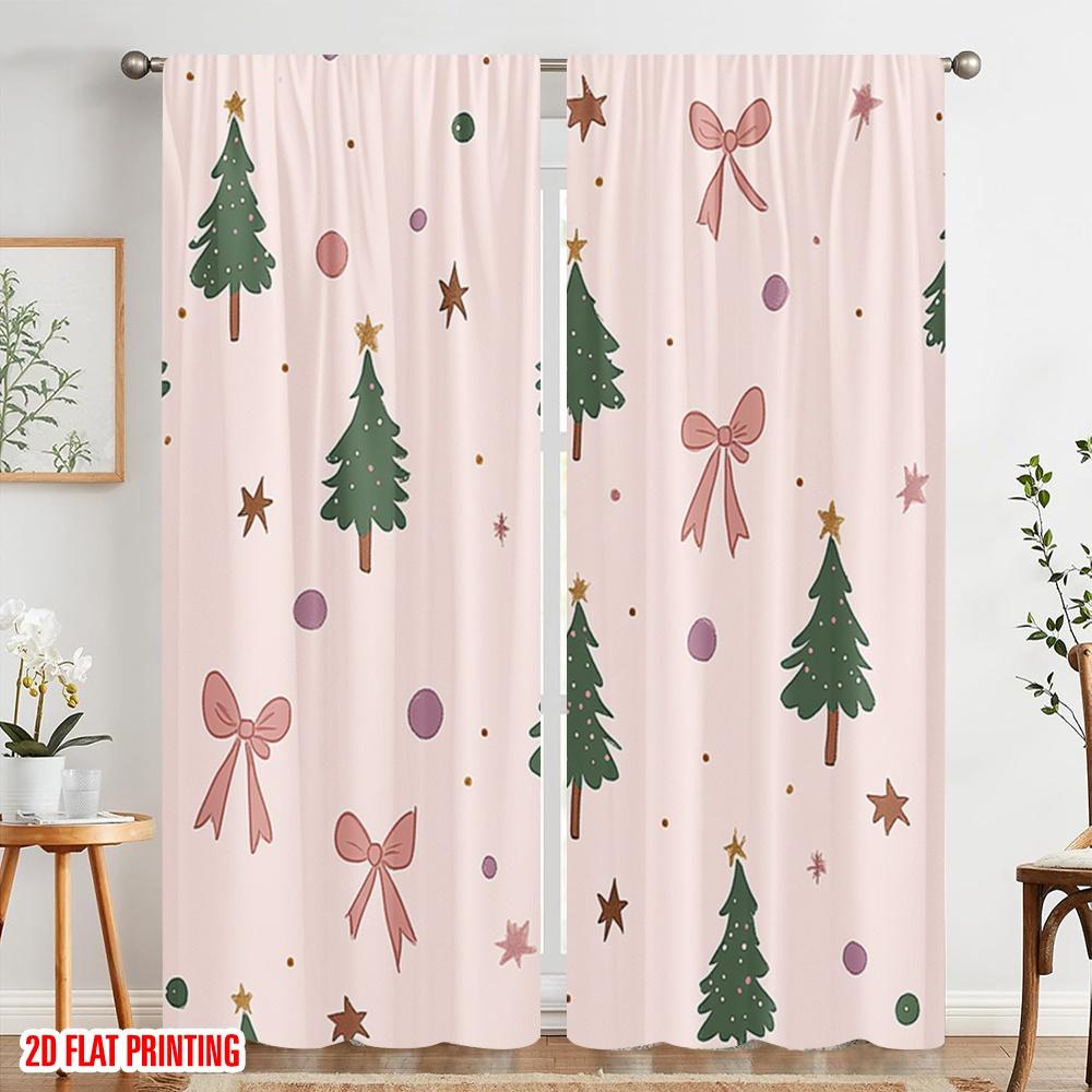 2pcs,2D Plane Printing Popular Curtains Christmas Trees Bows Ornaments Stars (3) Polyester Easy Install (without Rod) Festive