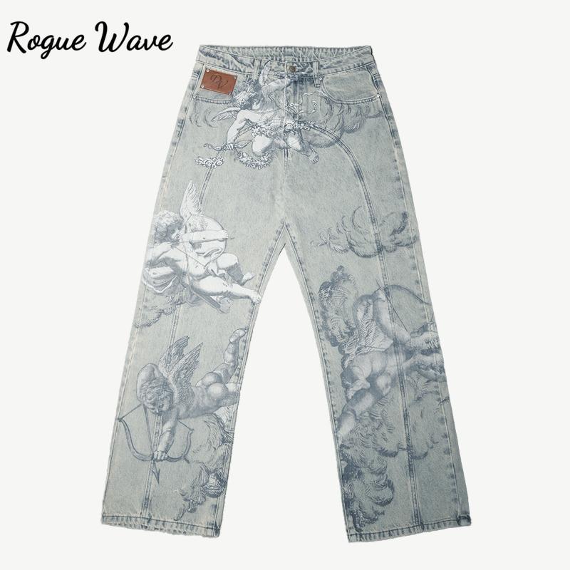 RogueWave Y2k American Pants Hip Hop Streetwear Unisex Casual Y2k Retro Baggy Jeans Trendy Cupid Angel Pattern Men Women Straight Leg Jeans