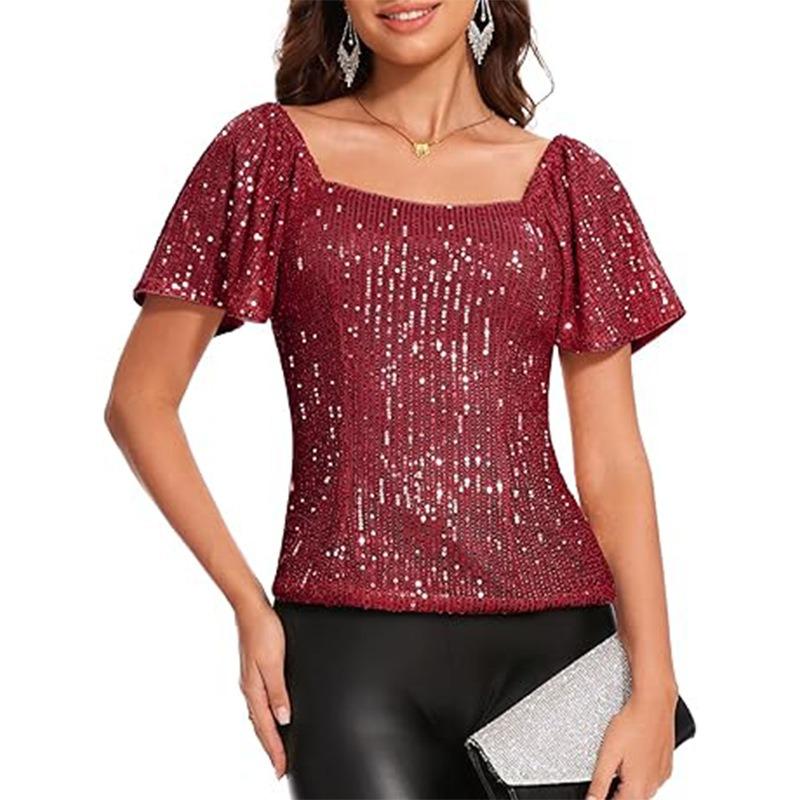 Summer New Women's Square Neck Fashion Short Sleeve Sequined Puff Sleeve Shirt