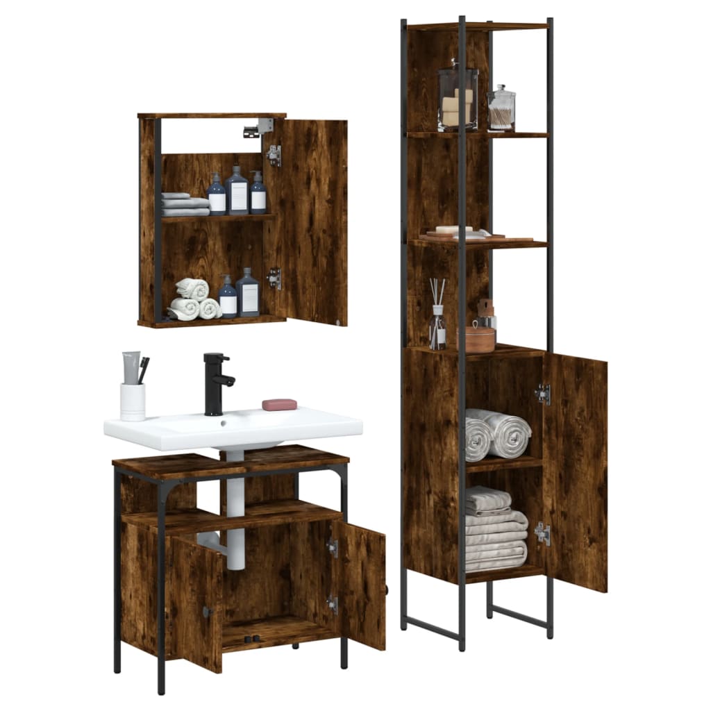 Vidaxl 3-Piece Bathroom Furniture Set, Smoked Oak