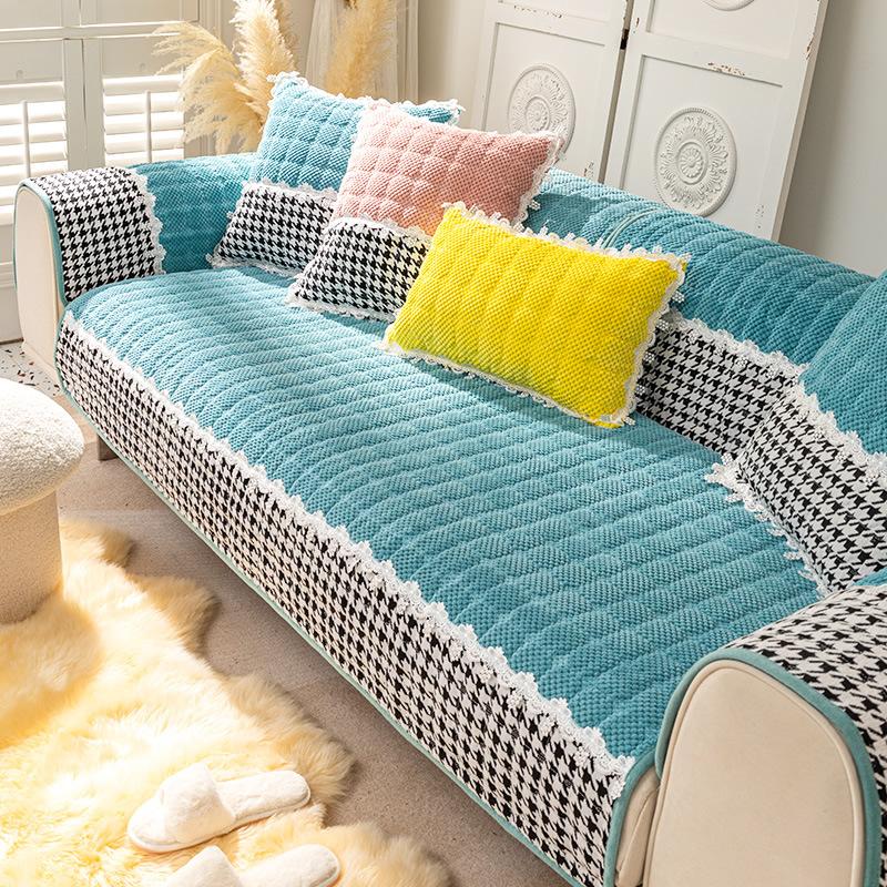Sofa Cushion Plush Luxury Wind Four Seasons General Simple Modern Non-slip Houndstooth Mat Autumn and Winter Cushion Cover.