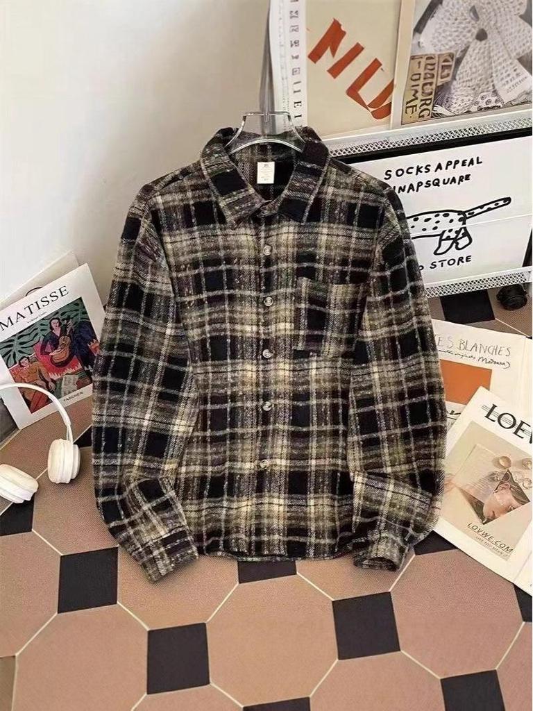 Women's Retro Plaid Wool Shirt - Autumn/Winter, Loose Fit, Long-Sleeves, Unisex Outerwear
