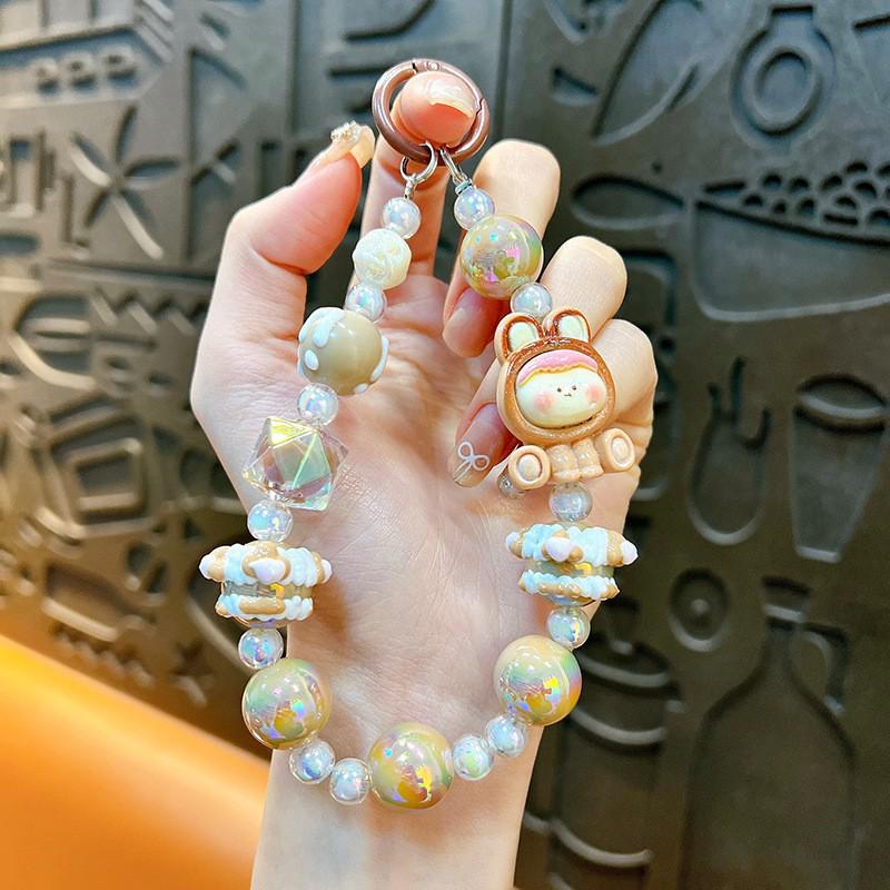 Cute Cartoon Beaded Lanyard & Wrist Strap with Keyring and Bag Charm for Little Girls