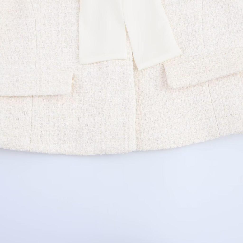 Spring 2025 European & American Women's Bow-Embellished Textured Top & Culottes Set