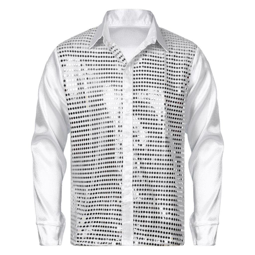 Mens Shiny Sequin Dance Shirt Latin Jazz Performance Wear Turn Down Collar Long Sleeve Patchwork Top
