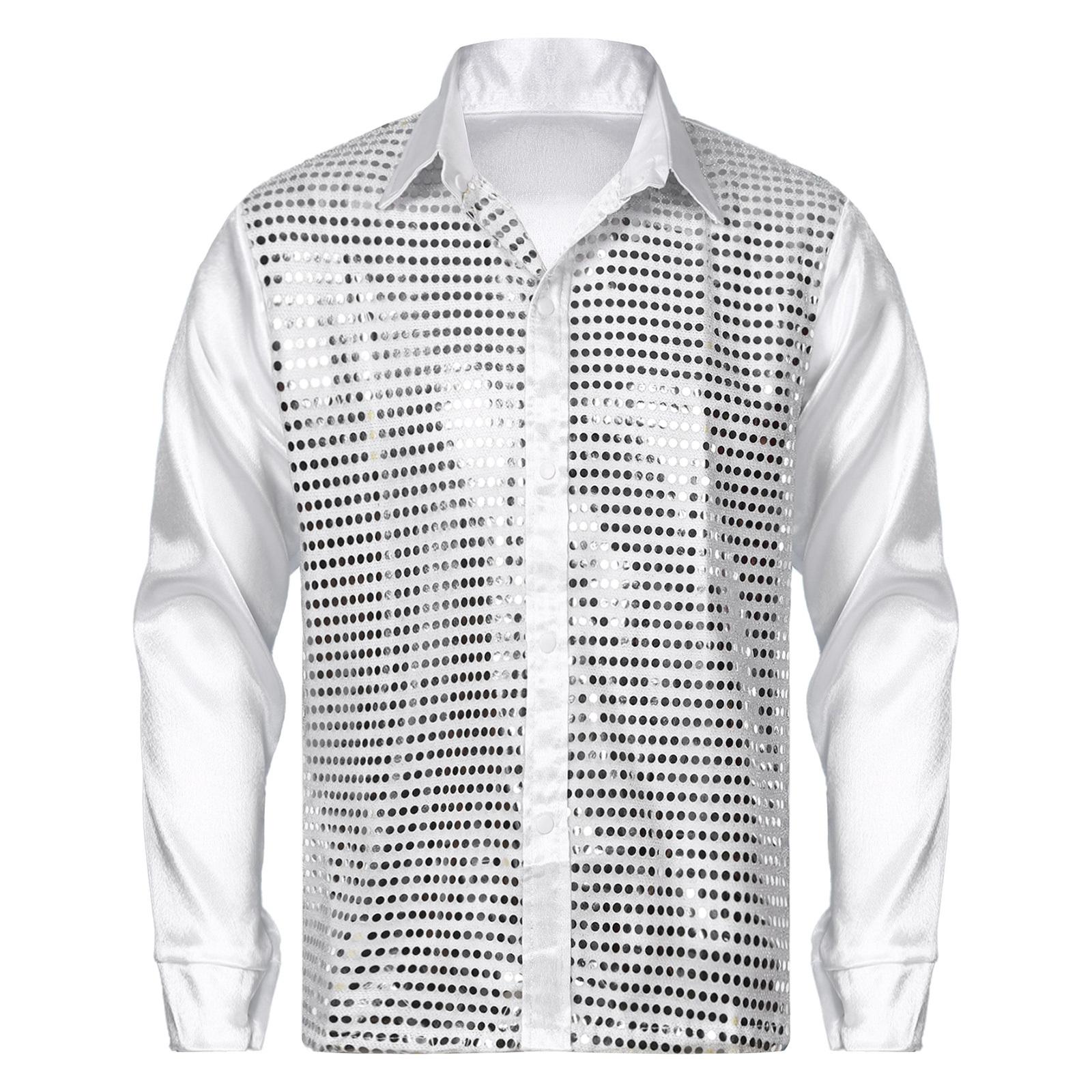 

Mens Shiny Sequin Dance Shirt Latin Jazz Performance Wear Turn Down Collar Long Sleeve Patchwork Top L білий