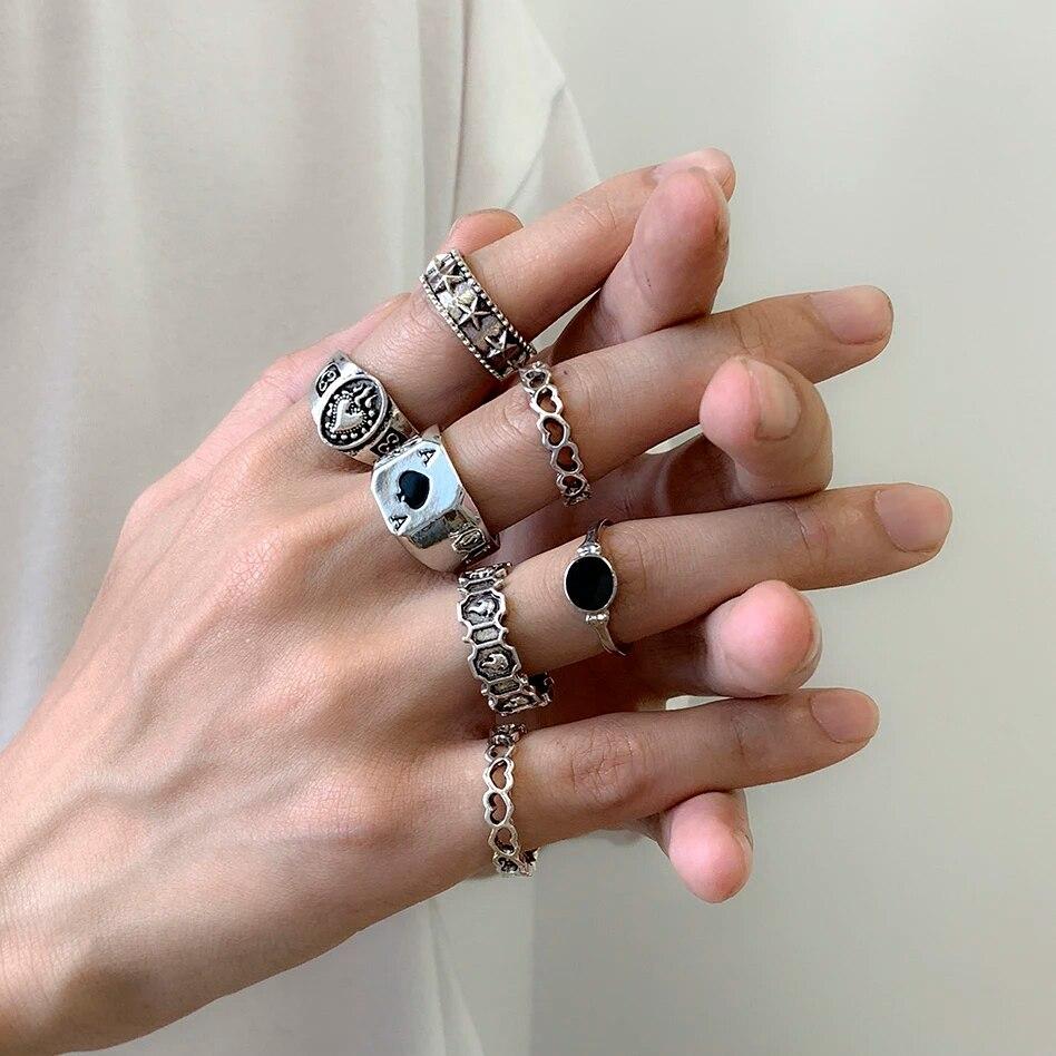 6Pcs/Set Goth Vintage Skeleton Skull Antique Silver Color Rings Set Unisex Punk Carved Knuckle Jewelry Accessories Steampunk Men