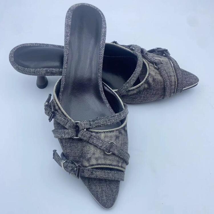 Fashion Brand Blue Denim Belt Buckle Hollow Out Fashion Slippers Summer New Comfortable Women's 5.5cm Low Heel Commuting Sandals Size 43