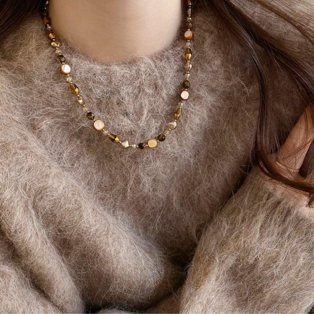 Handmade Necklace Beaded Sweater Chain Vintage Caramel Necklace  Jewelry Gift
