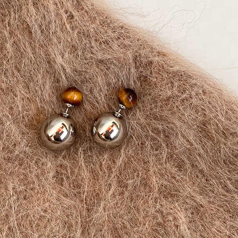 Geometric Tiger's Eye Stud Earrings, Retro Millard Style - Unique Design with Silver Needle 