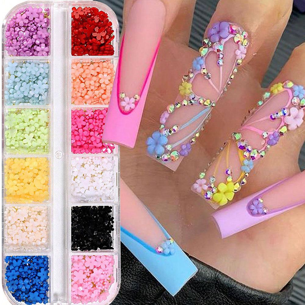 1 Box 3D Blumen Schleife Nagelkunst Dekorationen Set Rosa/Weiß Acryl Floral/Perlen Nagel Charm mit Wachsstift/Pinzette 4/6mm Nagelteil