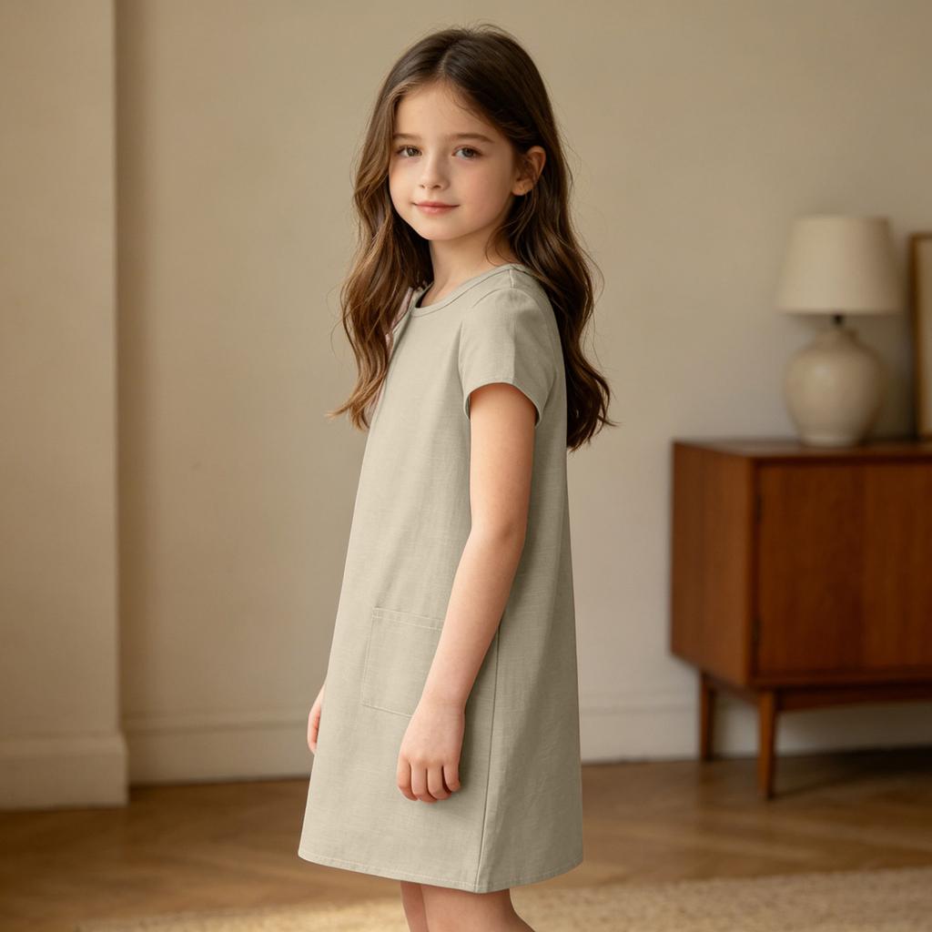 Girls Casual Dress Summer Linen Cotton Blend Short Sleeve Pockets Straight Cut Comfortable Lightweight Dress for Everyday Wear