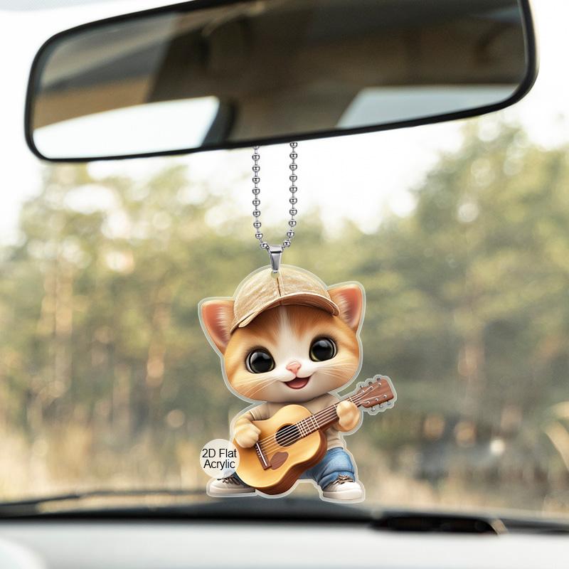 Adorable Guitar-Playing Cat Acrylic Car Pendant,Versatile Decor for Car Interior,Rearview Mirror & Home,Trendy Hanging Accessory  for Cat Enthusiasts