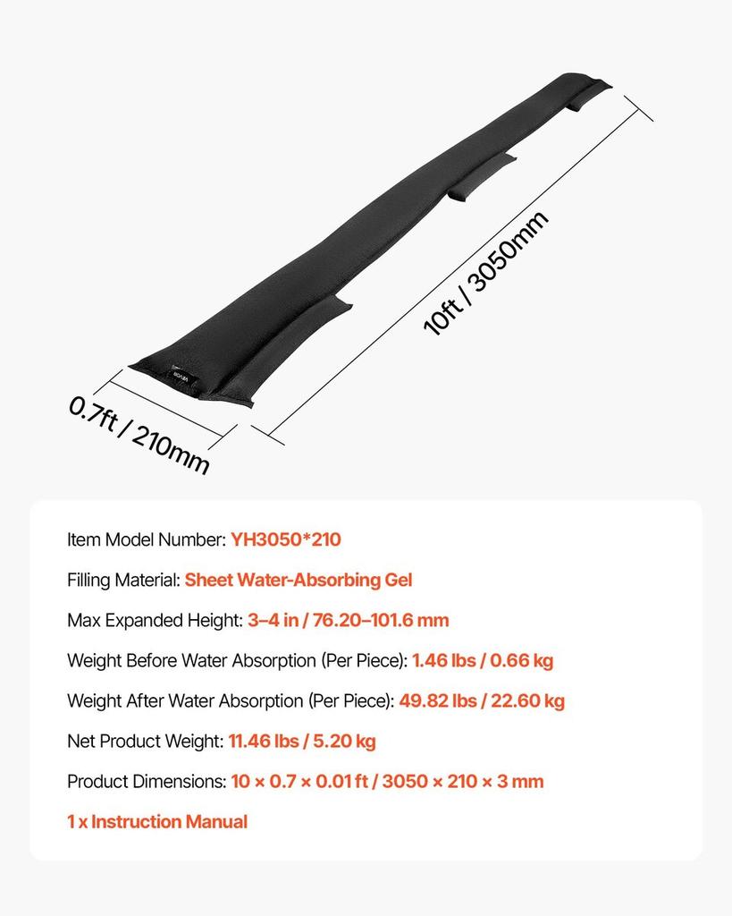 Flood Barrier, 8 Pack, 3050 X 210 Mm Flood Bags Activated by Water, Reusable Water Absorbent Barrier, Sandless Sandbags Blockage, Flooding Prevention