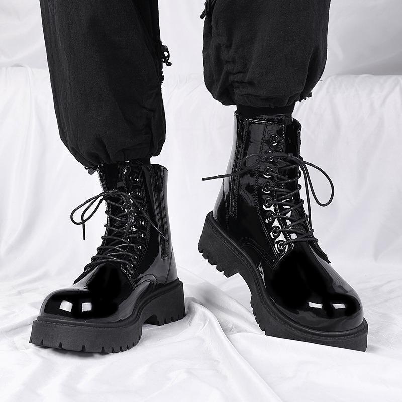 Fashion 2025 New Men Black Patent Leather British Style Motorcycle Boot Couple Outdoors High Top Leather Waterproof Casual Leather Boots