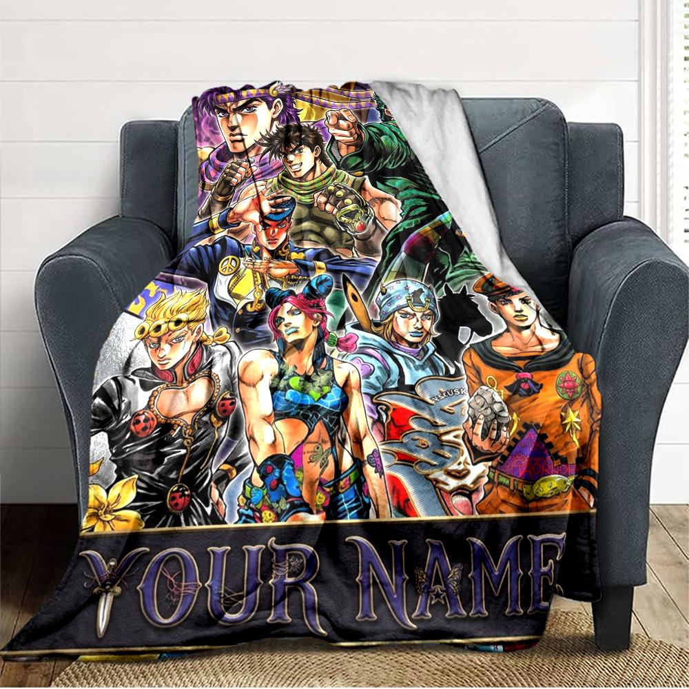 Couverture en Flanelle Personnalisable Nom Anime JJBA Impression Haute Qualité Chaude Confortable Couverture Toutes Saisons Parfaite pour Cadeaux Décoration Intérieure
