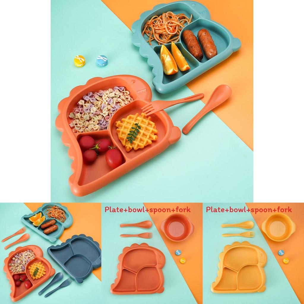 Cartoon Dinosaur Three Compartments Dinner Plate Spoon Fork Bowl Cutlery Set For Kids