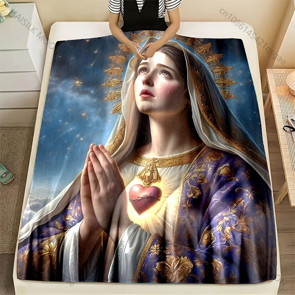 

1PC Virgin praying with sacred heart Print Blanket Warm Soft Fluffy Kids Adult Sofa Bed Throw Blanket Outdoor Travel Camping RV 75x90cm